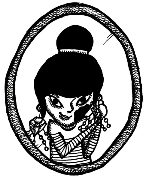 girl with mole looking in mirror