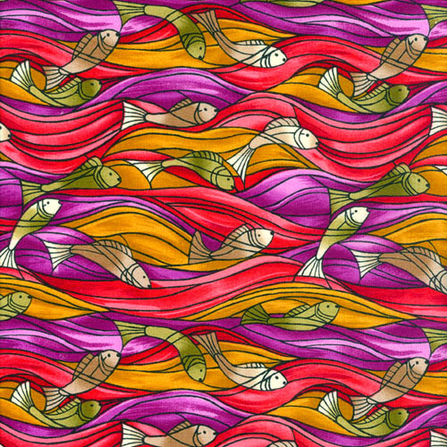 fish swimming in pink, orange, and purple waves