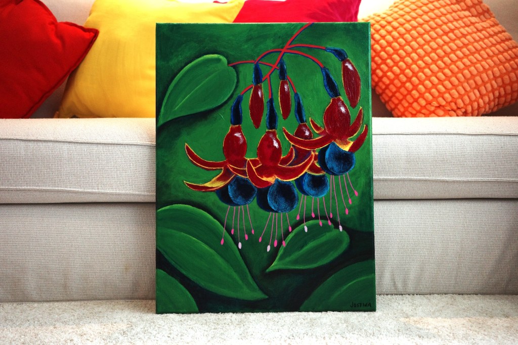acrylic painting of fuchsias