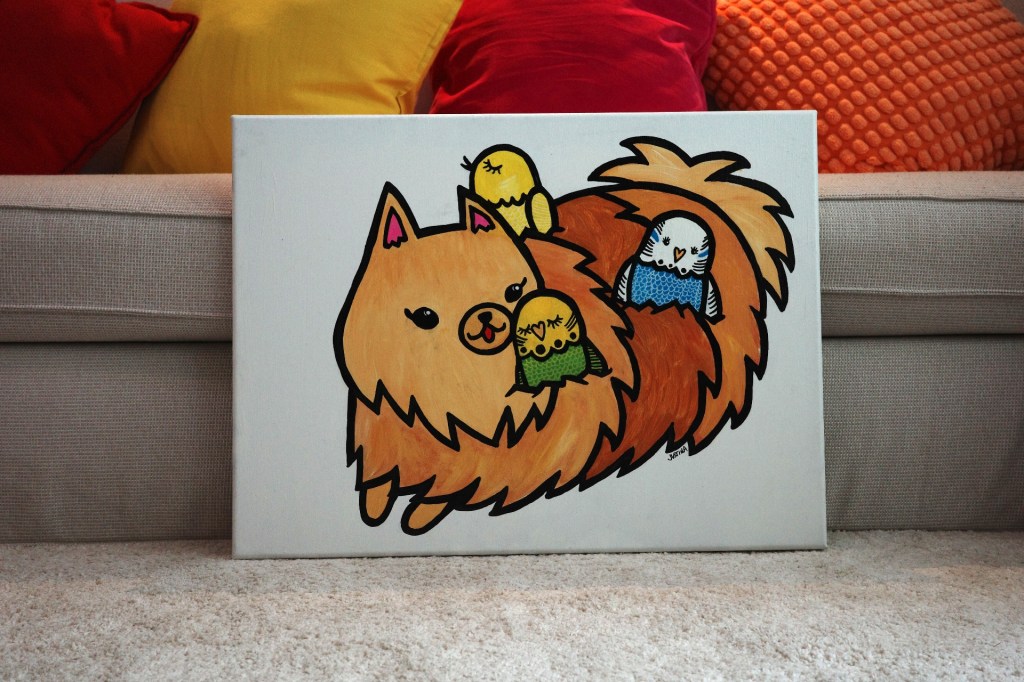 acrylic painting, cartoon style, of three budgies nestled in the fur of a german spitz