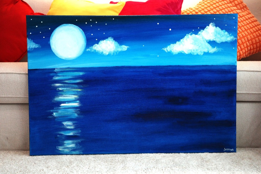 acrylic painting of moonlight over still lake