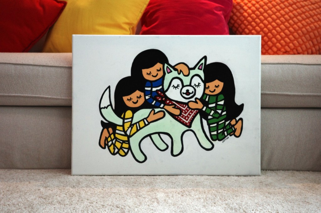acrylic painting, cartoon style, of three girls hugging their pet husky