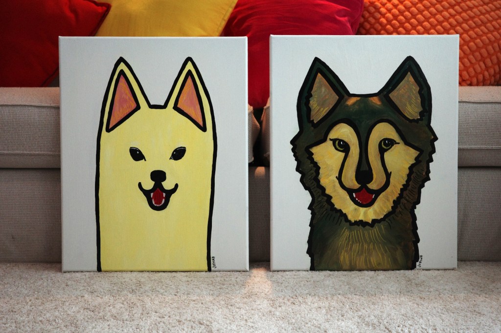 acrylic paintings, cartoon style, of a jindo mix and hong kong tong gau