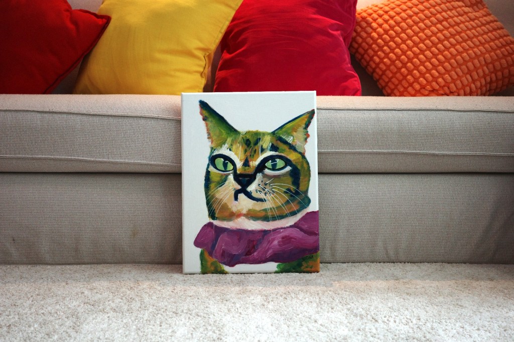 acrylic painting of hawaii, the famous hong kong shop cat, also known as wanchai cat